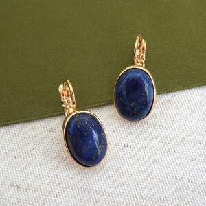 Oval Lapis Earrings, Drop Earrings, Gold Plated,  Hangs at 7/8" NWT